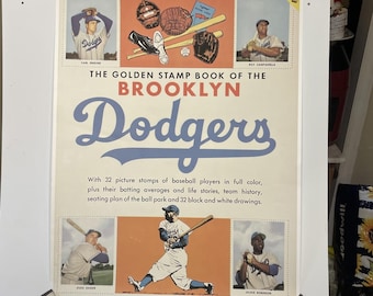Póster publicitario de los Brooklyn Dodgers (solo publicidad) del libro de sellos Golden Book of Stamps, 23" x 18".