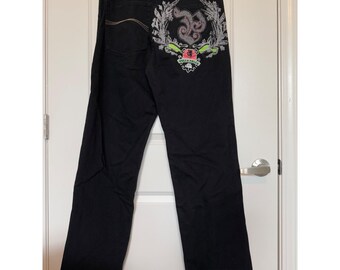 Vtg Pelle Pelle Black Baggy Jeans Mens 34x34 Embroidered Y2K Crest Logo Hip Hop