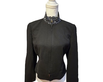 Linda Allard Ellen Tracy Jacket Women's Sz 4 100% Wool Full Zip Beaded Collar Y2K