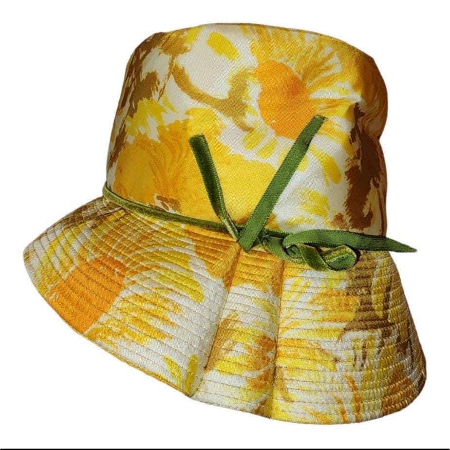 Vtg Exclusive Lisa Floral Yellow Bucket Hat Ribbon Accent w/ Striped Hat Box Vtg Exclusive Lisa Floral Yellow Bucket Hat Ribbon Accent W  main image 3