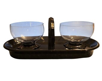2 Vtg Black Lilly Pad Foot Glasses Wine Set w/ Amethyst Bar Caddy Flower MCM Lot