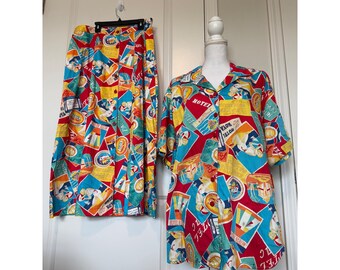 Vtg Marisa Christina II Travel Shirt & Skirt Cotton Set 1X Suit Cruise Beach