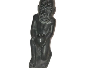 Hand Carved Stone Statue Kneeling Man Water Pot Strength Respect Nourishment