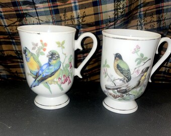 Vtg Lot Of 2  Unmarked Royal Crown Footed Song Bird/ Crossbill Coffee Tea Cups