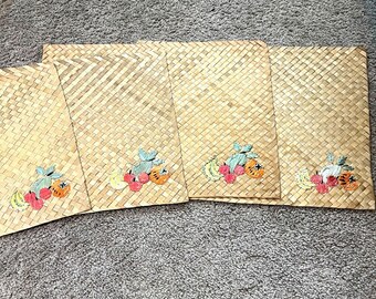 Set Of 4 Vintage Woven Straw Placemats With Embroidered Fruit Design