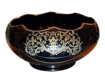 Vintage Scalloped Black Amethyst and Sterling Silver Art Deco Bowl Marked Scroll