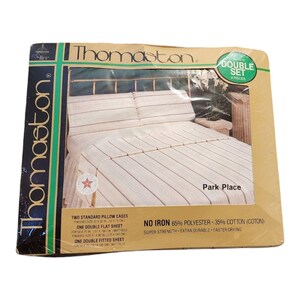 Vtg 4 Pc Thomaston Double Sheet Set Park Place No Iron Stripes Flower Hearts USA