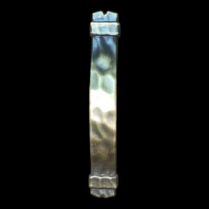 May include: A vertical, bronze-colored cabinet pull with a hammered texture. The rectangular handle has decorative, castle-like ends. The hardware is set against a black background.