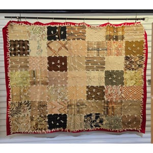 Vtg Handmade Patchwork Quilt Lrg Squares Heavy Fabric Cozy Textile Woven Earthy