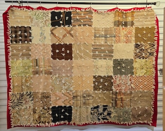 Vtg Handmade Patchwork Quilt Lrg Squares Heavy Fabric Cozy Textile Woven Earthy