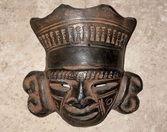VTG Terra Cotta Hand Made Aztec Mask African King Collectors Great Solid Tribal