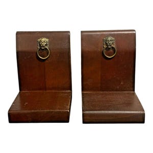 Vintage Solid Wood Bookends Brass Lion Head with Ring Embellishment MCM Library