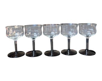 Vtg Diamond Optic Clear Crystal Liqueur Glasses w/ Black Foot Set Of 5 MCM Lot