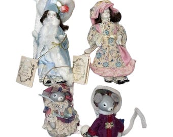 Vtg Lot Of 4 Kurt S. Adler Porcelain 1984 Dolls & 1983 Mice Victorian Dressed