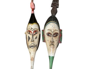 2 VTG Large Wooden hand carved African Tribal Mask 28 inches Gouro Pair Art