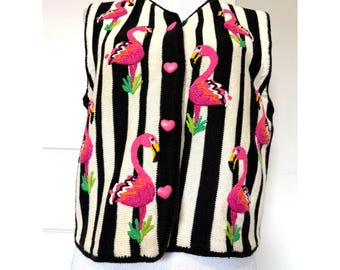 Vtg Michael Simon New York Striped Flamingo Knit Sweater Vest Sz M Heart Buttons