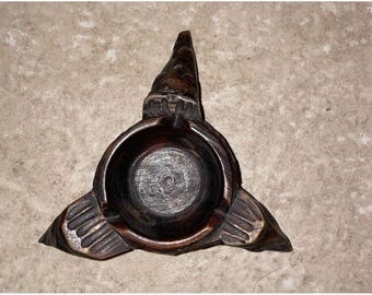 African 3 Face Wooden Hand Carved Ashtray VTG Tribal Cave Ready Smoke Incense
