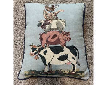 Vtg Farm Tapestry Pillow Stacked Animals Cow Pig Sheep Goose Rooster Country
