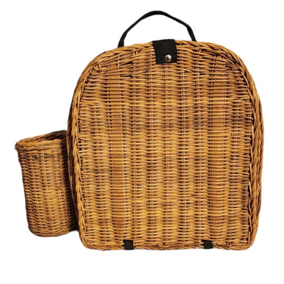 Handwoven Wicker Backpack Picnic Basket w/ Wine Bottle Holder Plates Utensils