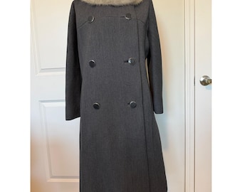 Vtg Iveys Double-Breasted Gray Wool Coat Sz M Mink Collar Button Union Made USA