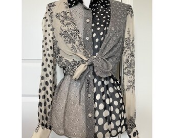 Per Se Womens Long Sleeve Sheer Polka Dot Floral Button-Up Blouse Sz10 Silk Vtg