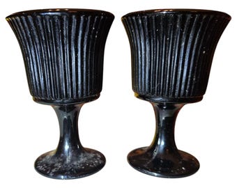 2 Vtg MCM Black Amethyst Ribbed Candle Holders or Wine Goblets Pedestal Purple