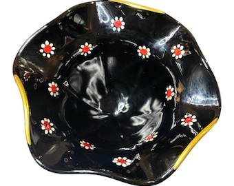 Vtg Black Amethyst Pedestal Candy Dish Hand Painted Daisy Flowers Gold Trim Wave