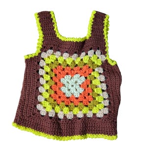 Vtg Handmade Crochet Granny Square Tank Top Multicolor Women&#39;s XS/S Boho Hippie
