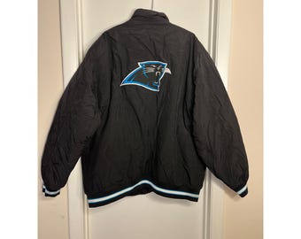 Vintage Reebok Carolina Panthers Black Jacket XL Snap Button Up Ribbed Trim