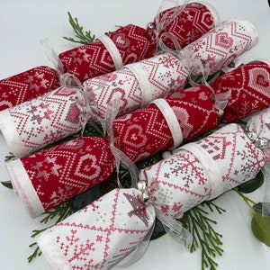 Scandi Red & White Cross Stitch Fabric Reusable Crackers - Set of 4 - Refillable, Pullable Eco Christmas Crackers - Zero Waste