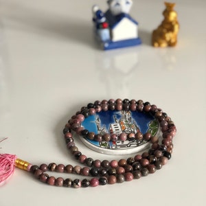Natural Rhodonite Mala Necklace, 108 Mala Beads, Prayer Beads, Meditation Beads, Yoga Mala, Japa Mala, Rhodonite Jewelry, Rhodonite Crystal