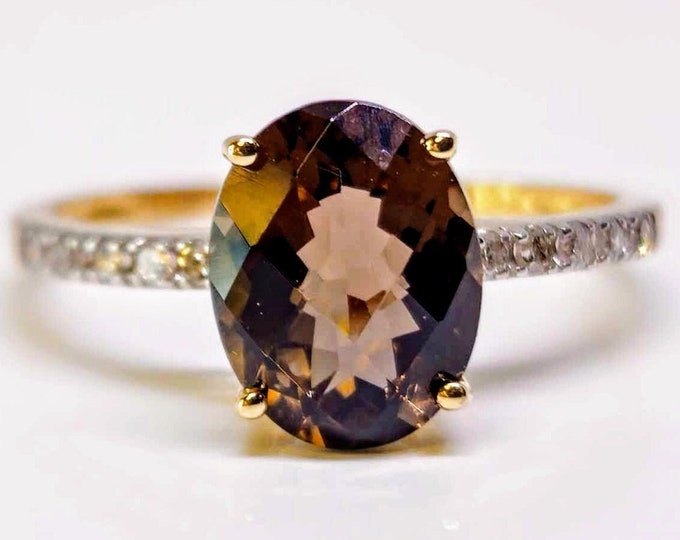 14K Yellow Gold Smokey Quartz Statement Ring With Diamond Accent