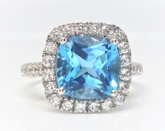 Blue Topaz Halo Ring Sky Blue Topaz Silver Statement Ring Art Deco Ring November Birthstone Gemstone Ring Silver Cocktail Ring