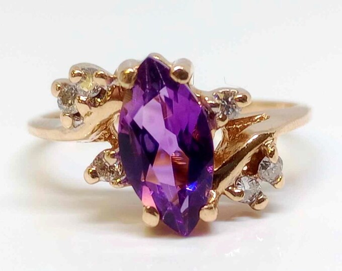 14k Yellow Gold Marquise Amethyst Diamond Ring