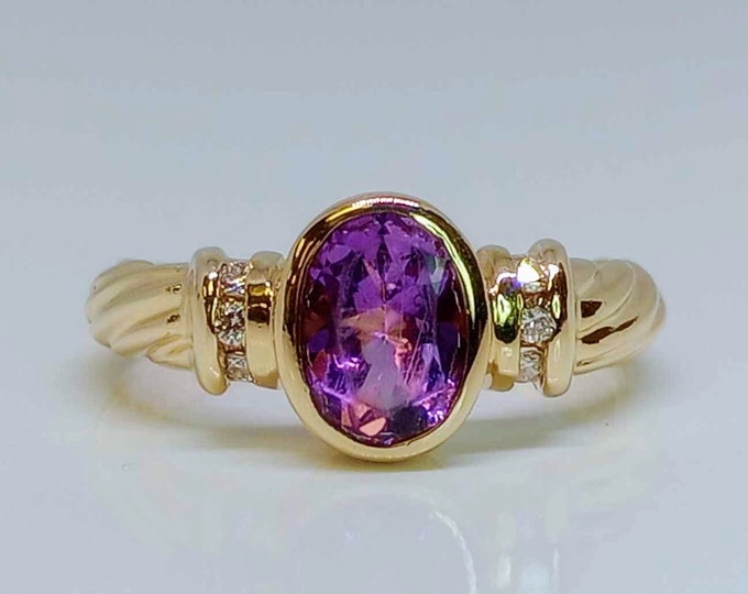 14k Yellow Gold Oval Amethyst Diamond Ring