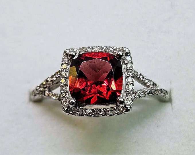 14k White Gold Halo Style Garnet Ring With Cushion Cut Faceted Gemstone