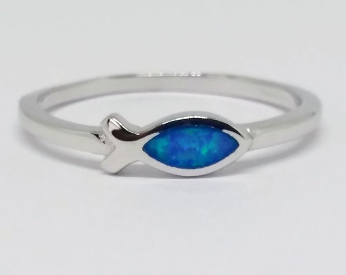 Blue opal sterling silver fish ring | Jesus fish ring | Religious fish ring