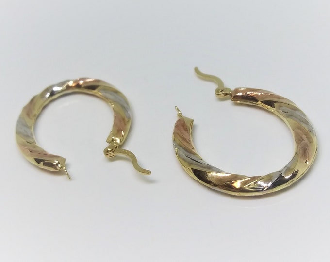 14k White, Yellow, And Rose Gold Twisted Hoop Earrings
