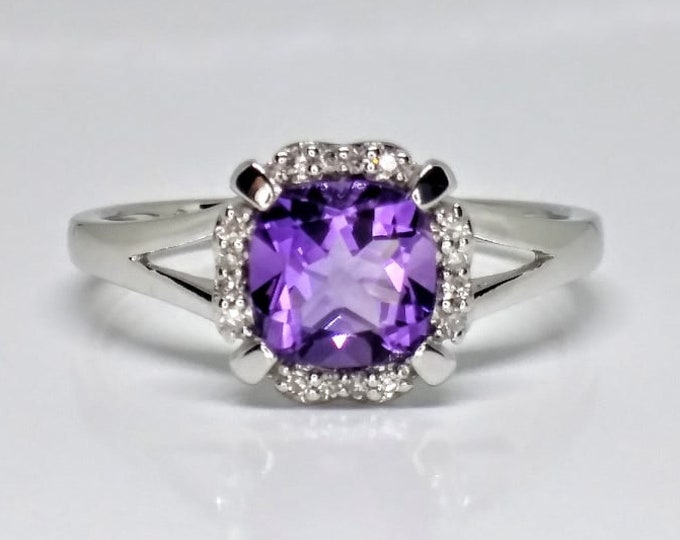 14k White Gold Amethyst Diamond Halo Ring