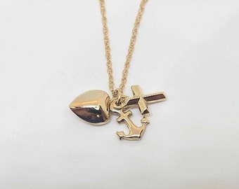 14k Yellow Gold Cross, Anchor, and Heart Pendant with chain