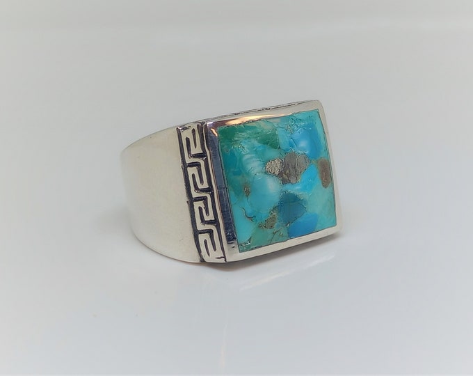 Sterling Silver Men's Blue And Green Imitation Stone Ring