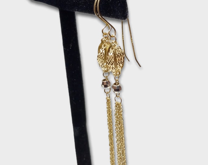 14K Gold Two-Tone Bead and Chain Dangle Earrings