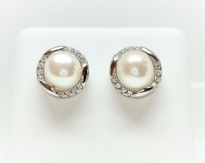 925 Sterling Silver Pearl And CZ Studs Earrings