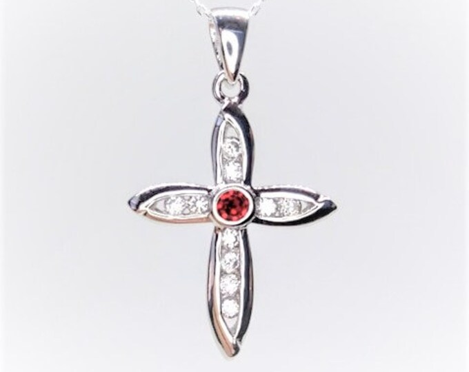 925 Sterling Silver Cross With A Red Birthstone And Diamonds