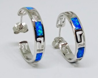 Sterling Silver Blue Opal Designer Hoop Earrings