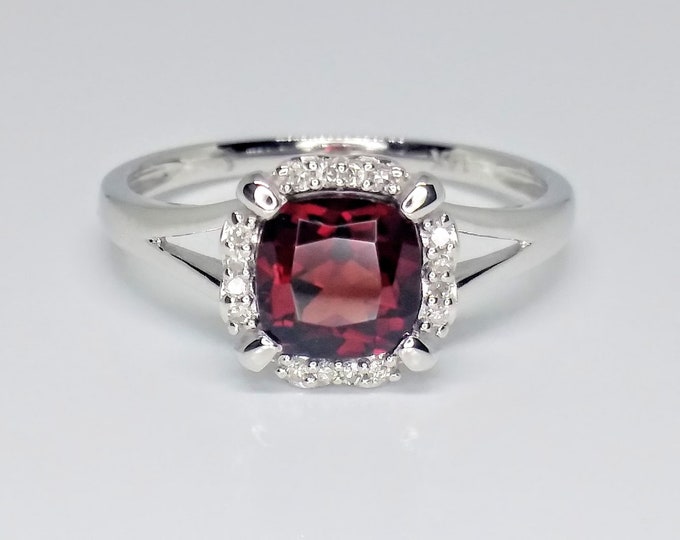 14k White Gold Garnet Diamond Halo Ring