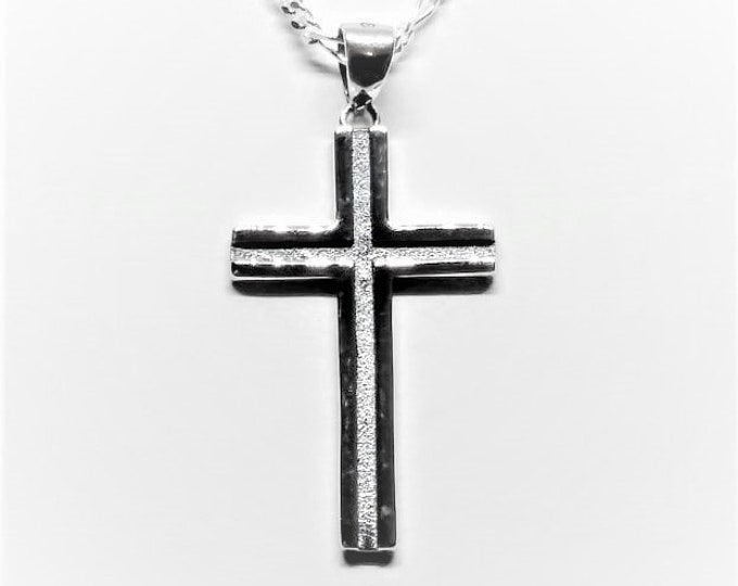 Mens Sterling Silver Cross Necklace and Figaro Chain