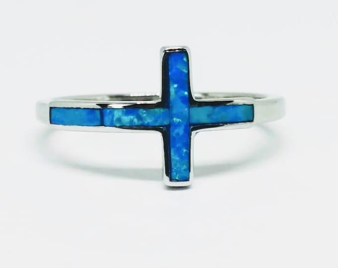 Sterling silver blue opal sideways cross ring | Statement ring | Religious ring