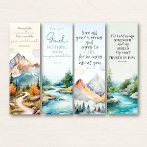 May include: Four watercolor bookmarks with inspirational quotes and scenic landscapes. The bookmarks feature mountain and river scenes with text from Isaiah, Luke, 1 Peter, and Psalms. Each bookmark has a unique design and color palette.