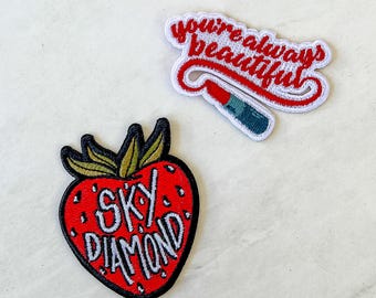 The Hating Game Iron-On Patches | Sally Thorne-Inspired Embroidered Patches | Sky Diamond Farms & Flamethrower Lipstick Patch Set
